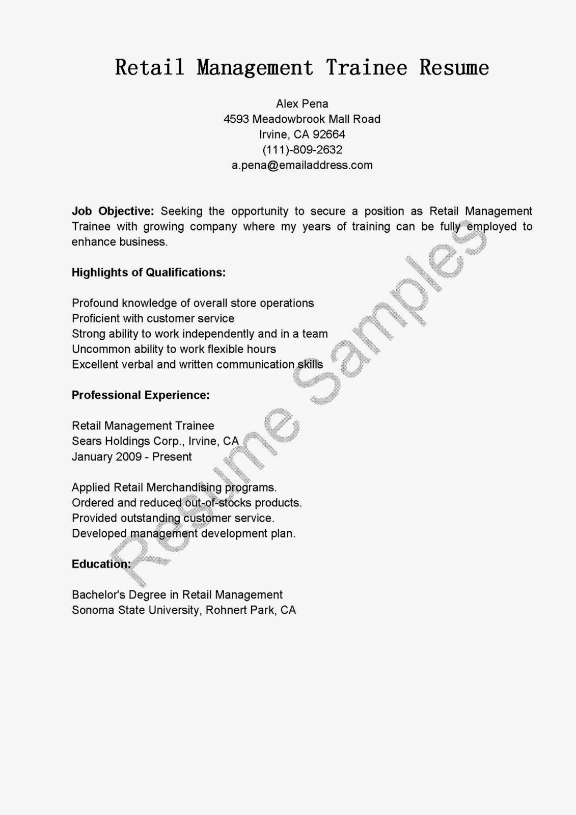 Sample Resume for Retail Management Position Retail Management Trainee Resume Sample Resume, Management, Retail