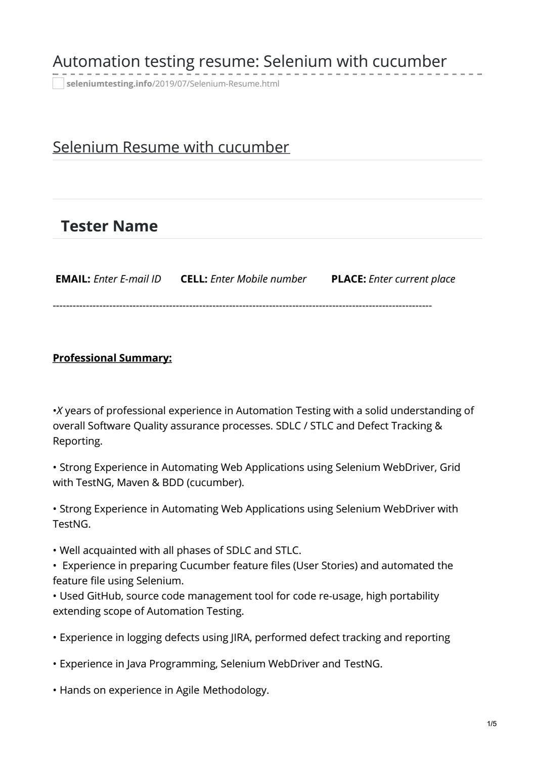 Sample Resume for Selenium Automation Tester Experienced Automation Testing Resume: Selenium with Cucumber by Manish …
