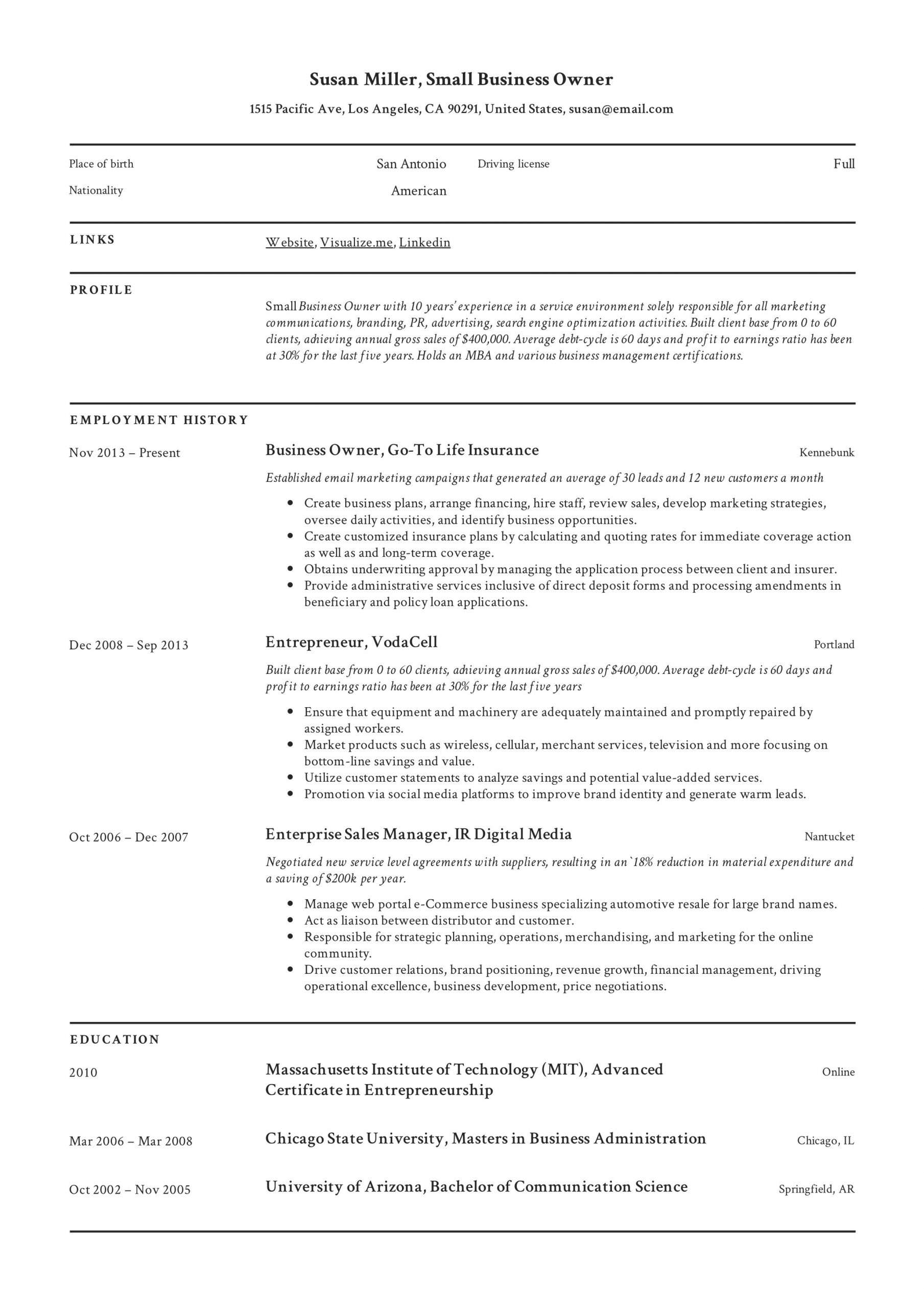 Sample Resume for Self Employed Business Owner Business Founder Resume October 2021