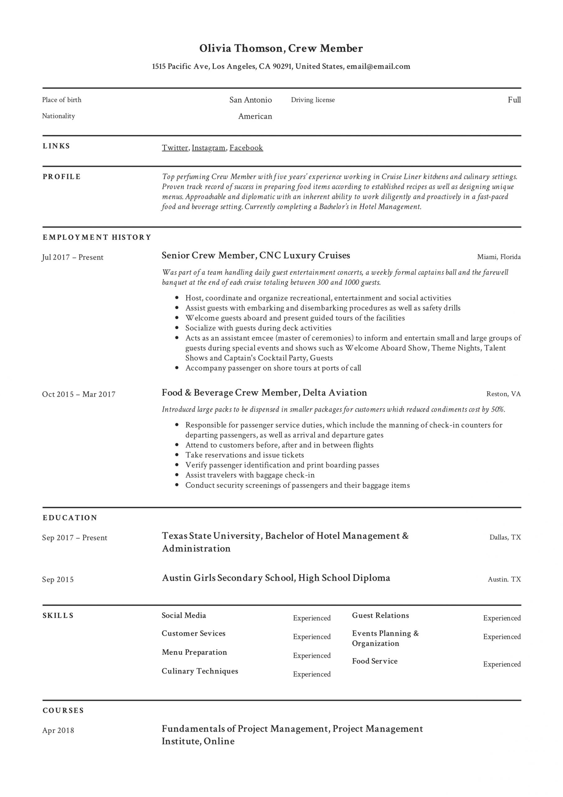 Sample Resume for Service Crew No Experience Crew Member Resume & Writing Guide Download 12 Examples 2020