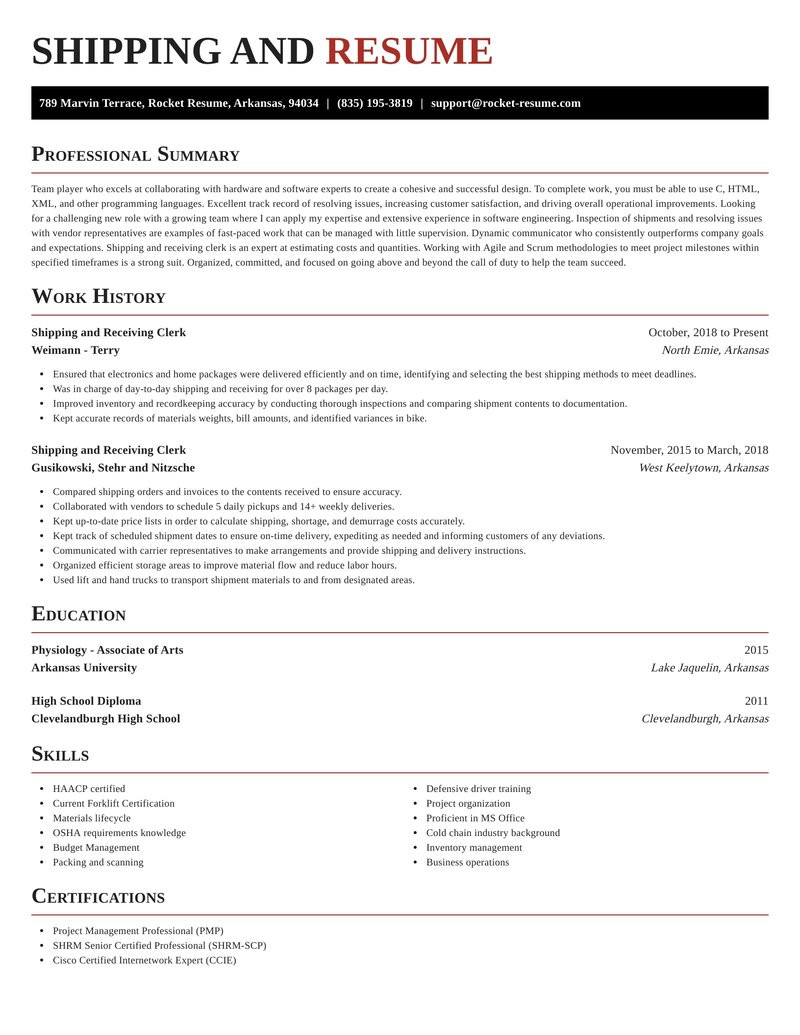 Sample Resume for Shipping and Receiving Coordinator Shipping and Receiving Clerk Resume Creator & Example Rocket Resume