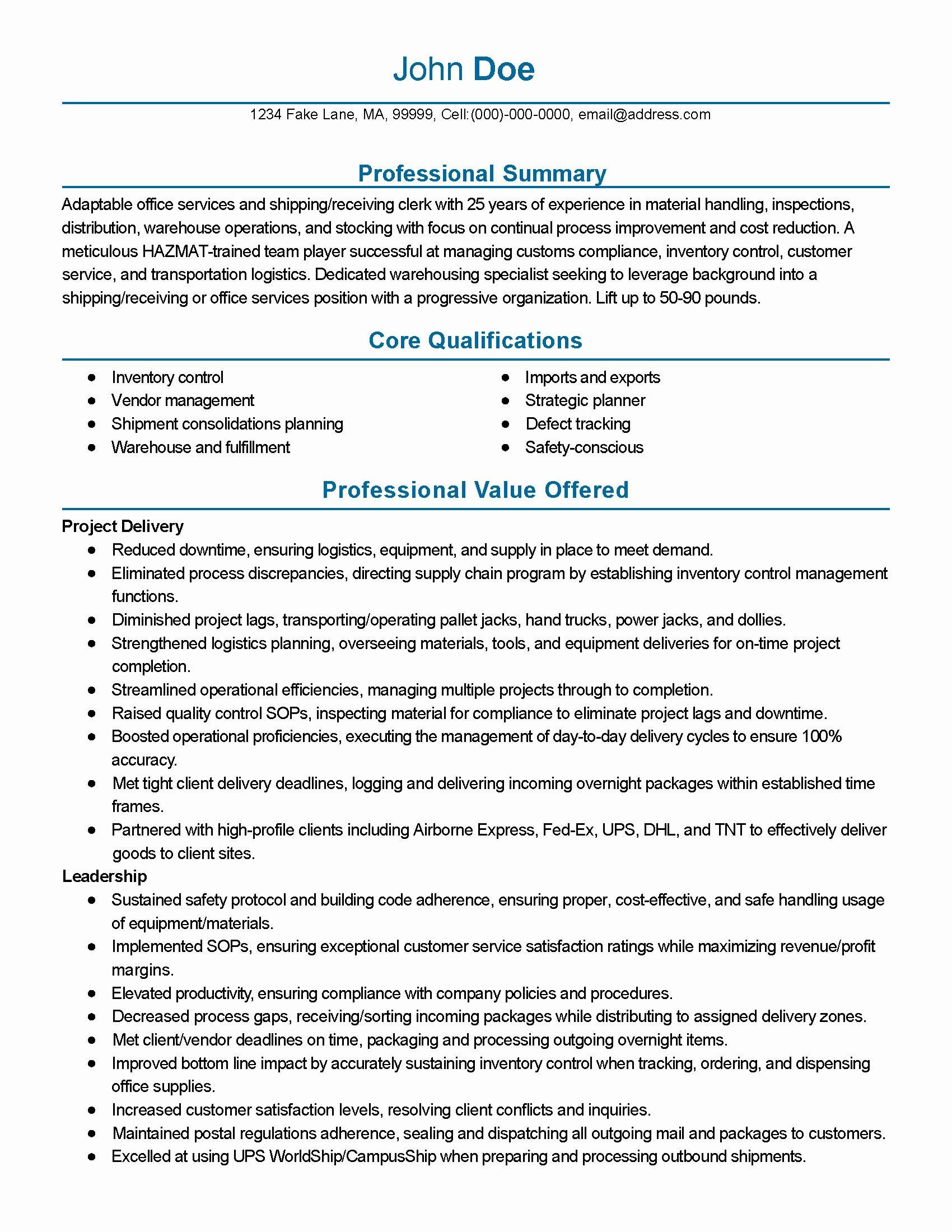 Sample Resume for Shipping and Receiving Coordinator Shipping Clerk Resume October 2021