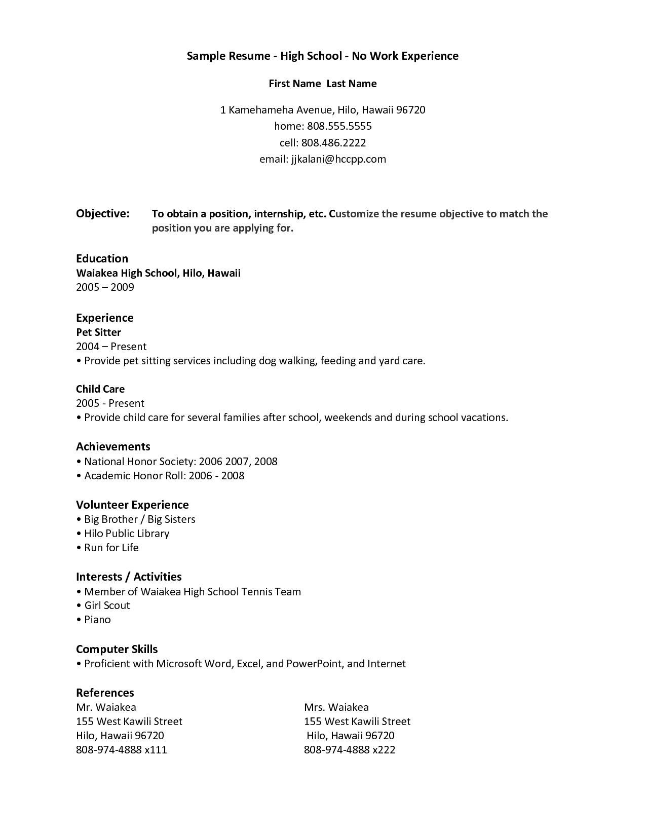 Sample Resume High School Student No Job Experience Free Resume Templates No Work Experience #experience …