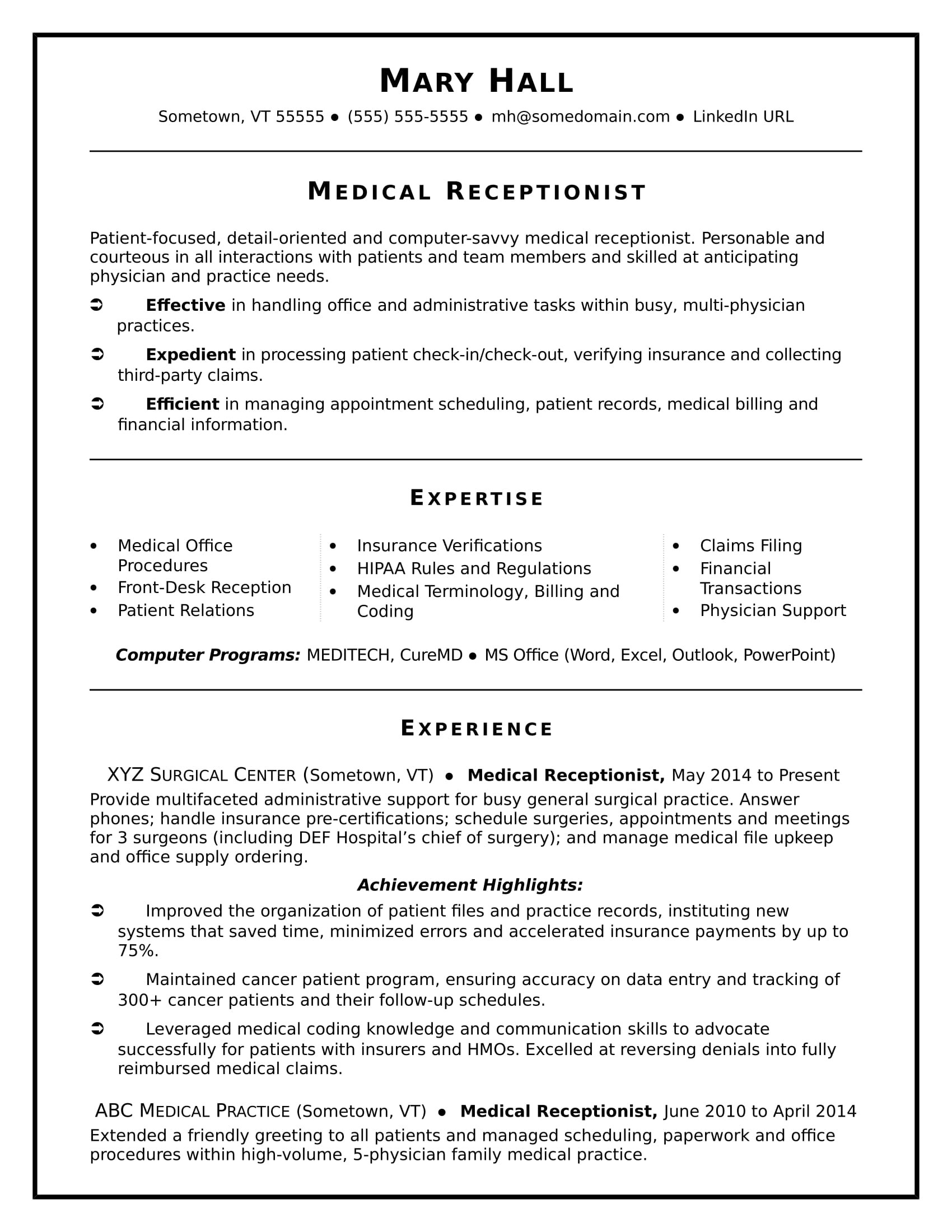 Sample Resume Objectives for Medical Receptionist Medical Receptionist Resume Sample Monster.com