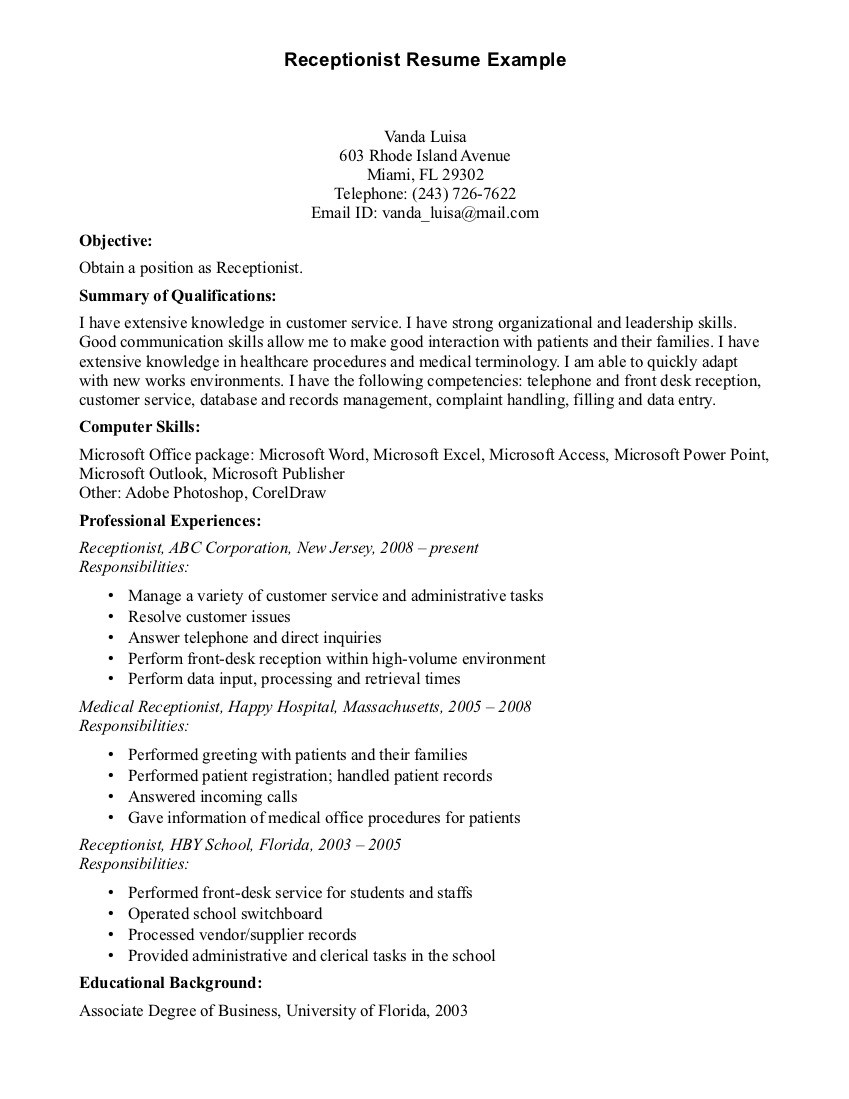 Sample Resume Objectives for Medical Receptionist Resume Objectives for Medical Receptionist, Receptionist Resume …