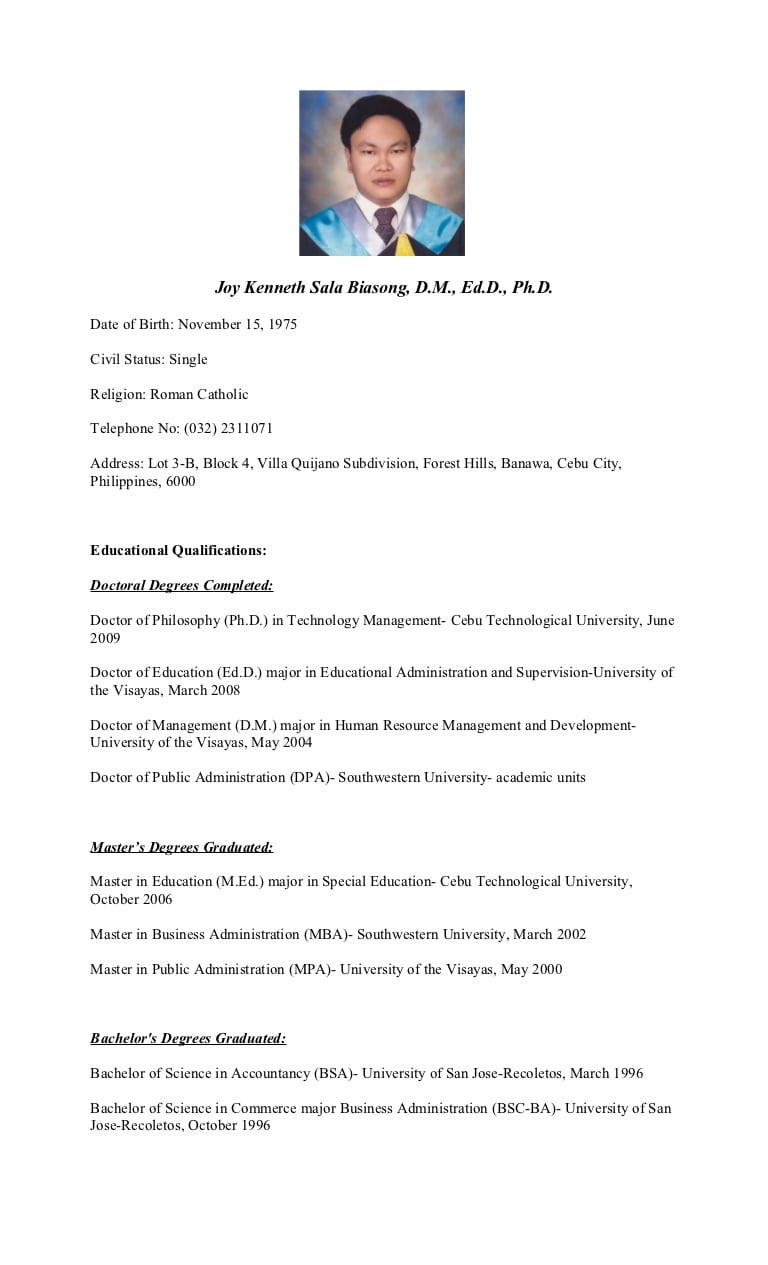 Sample Resume with Civil Service Eligibility Curriculum Vitae Of Dr. Joy Kenneth Sala Biasong