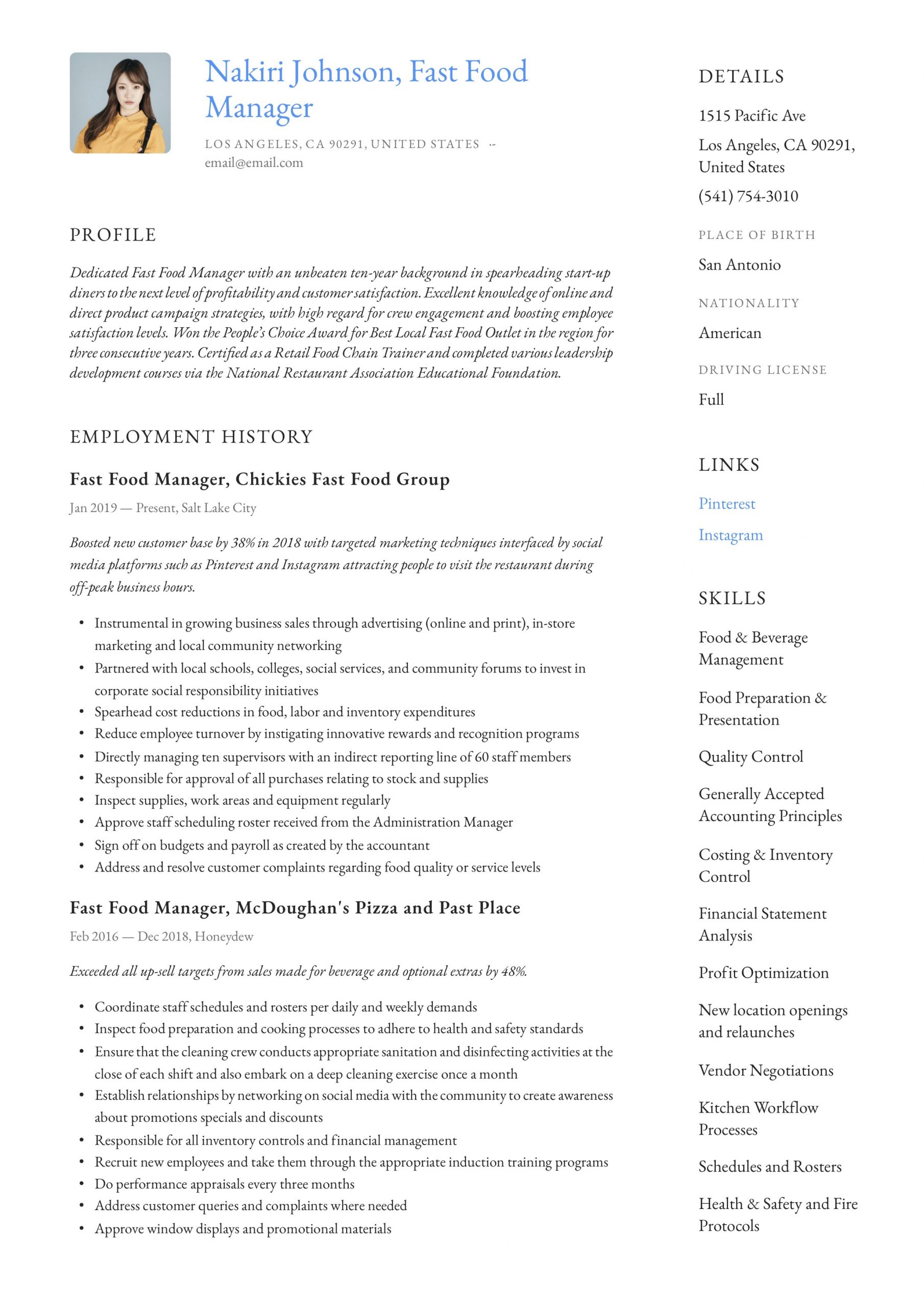 Sample Resume with Fast Food Experience Fast Food Manager Resume & Writing Guide  12 Examples 2020