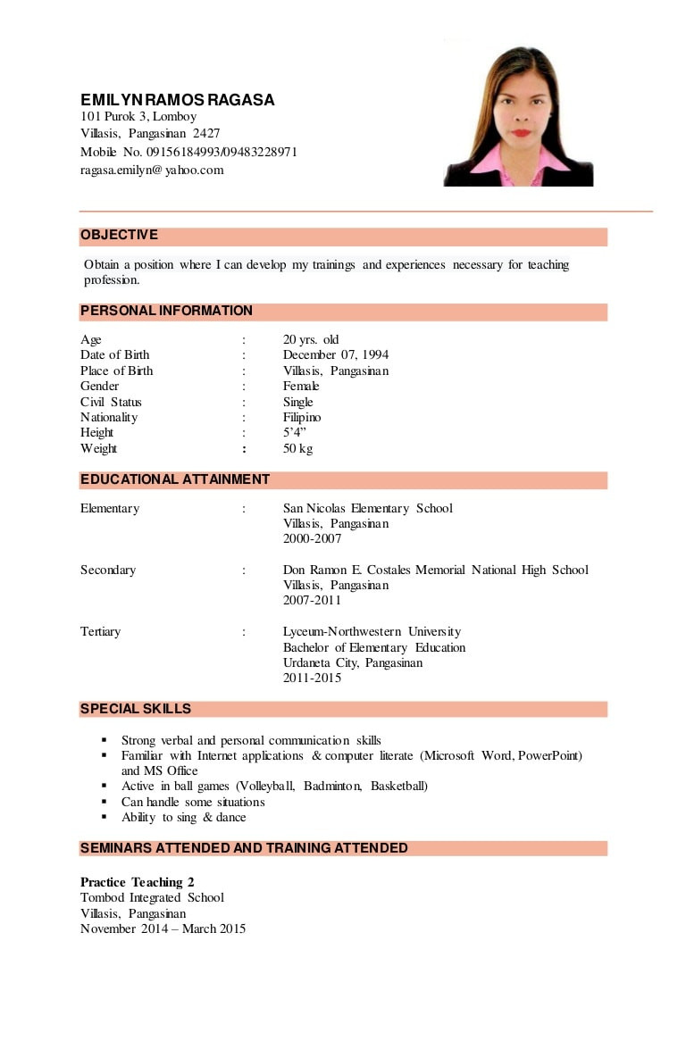 Sample Resume with Height and Weight Resume Samples Emilyn Ragasa