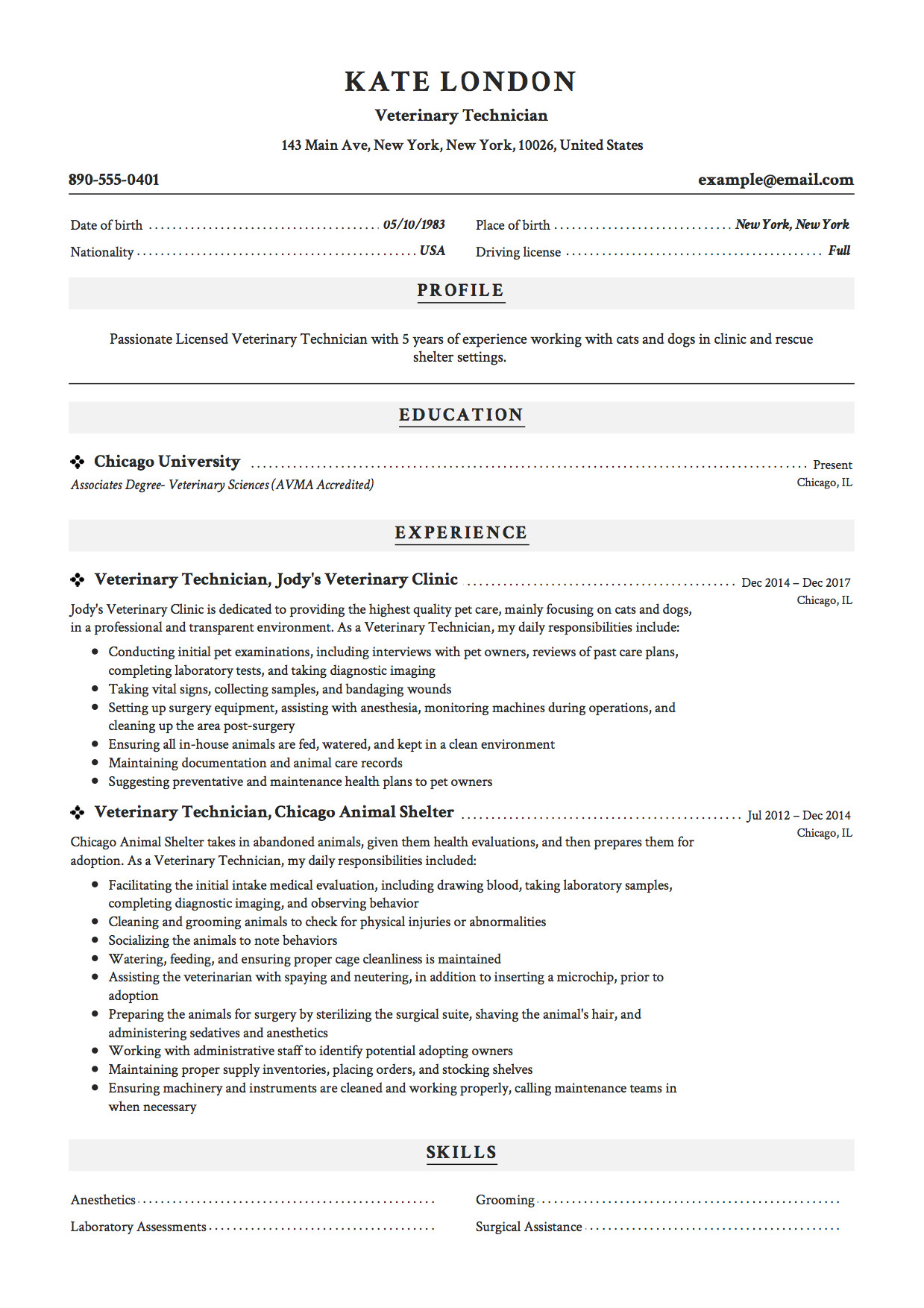 Veterinary assistant Resume Sample with No Experience Example Of Resume for Veterinary Technician