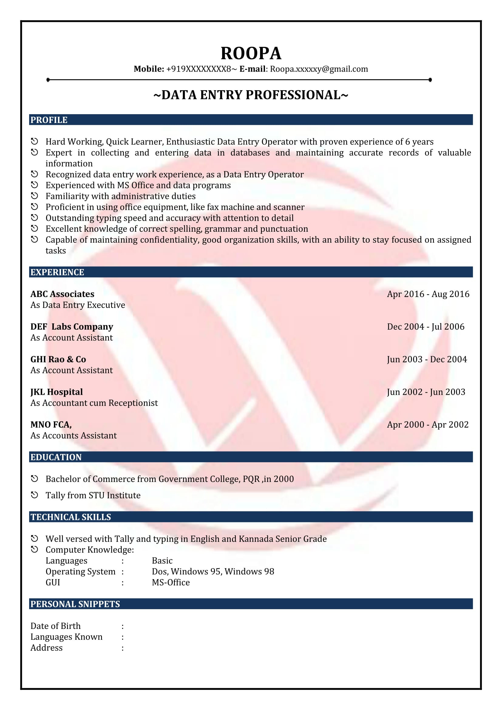 Data Entry Resume Sample with Experience Data Entry Sample Resumes, Download Resume format Templates!