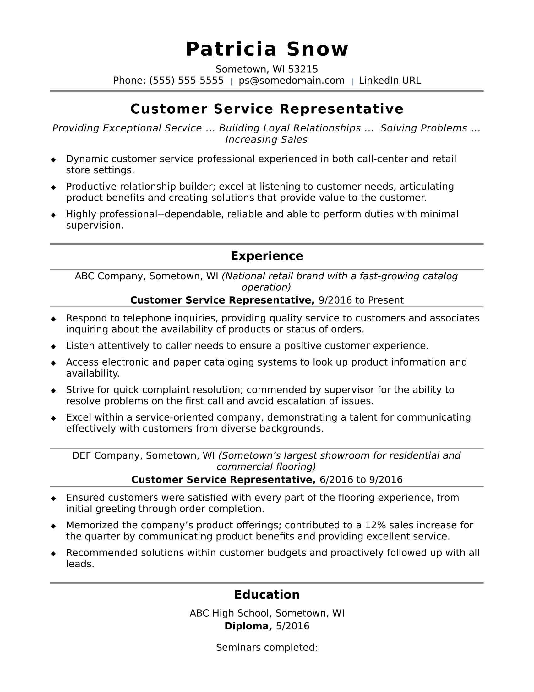 Entry Level Customer Service Resume Samples Free Customer Service Representative Resume Sample Monster.com