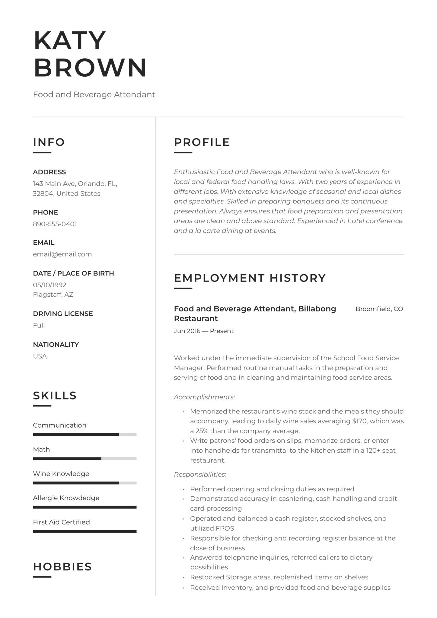 Entry Level Food Service Resume Sample 22 Food & Beverage attendant Resume Samples Free