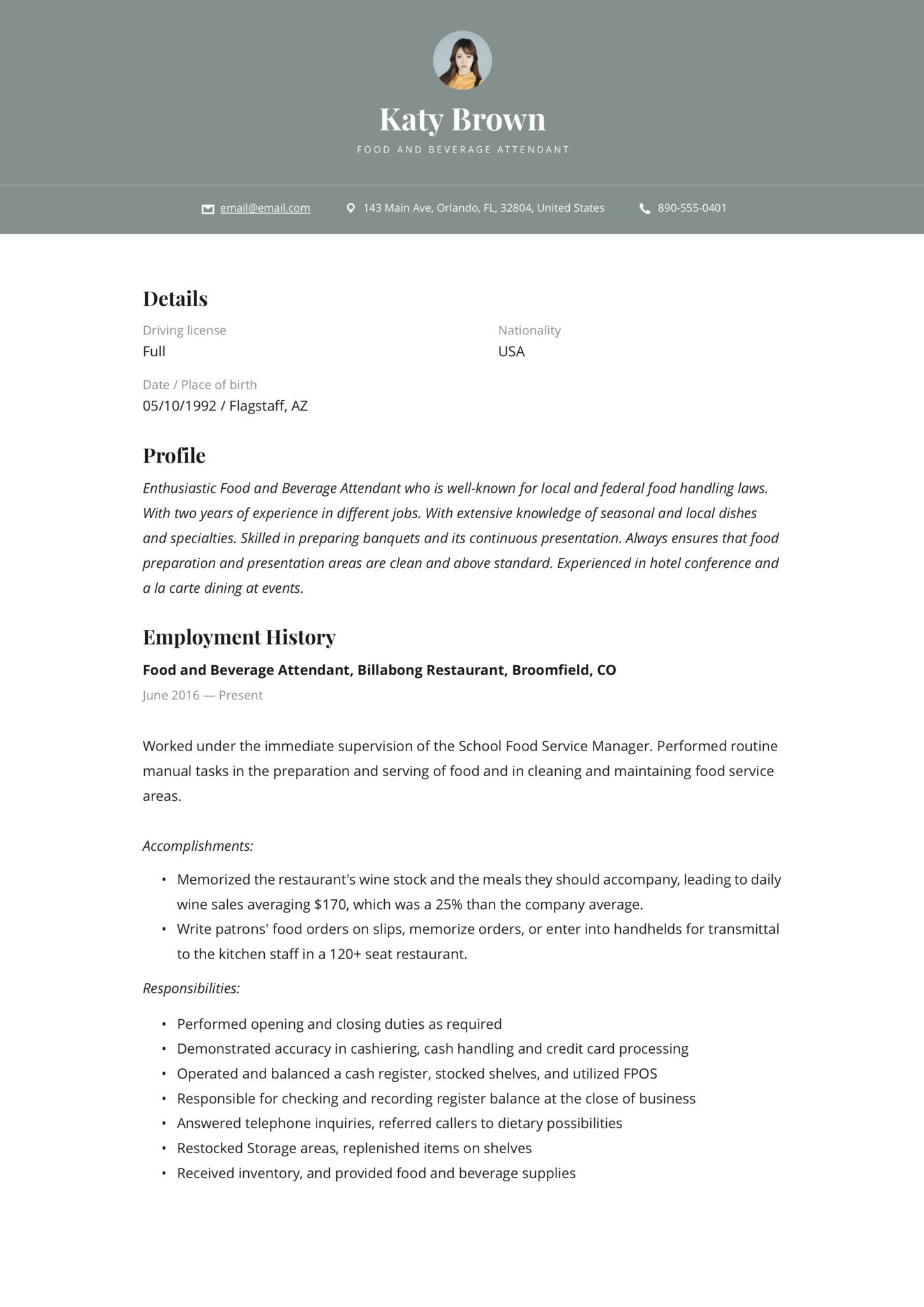 Food and Beverage attendant Resume Sample 22 Food & Beverage attendant Resume Samples Free