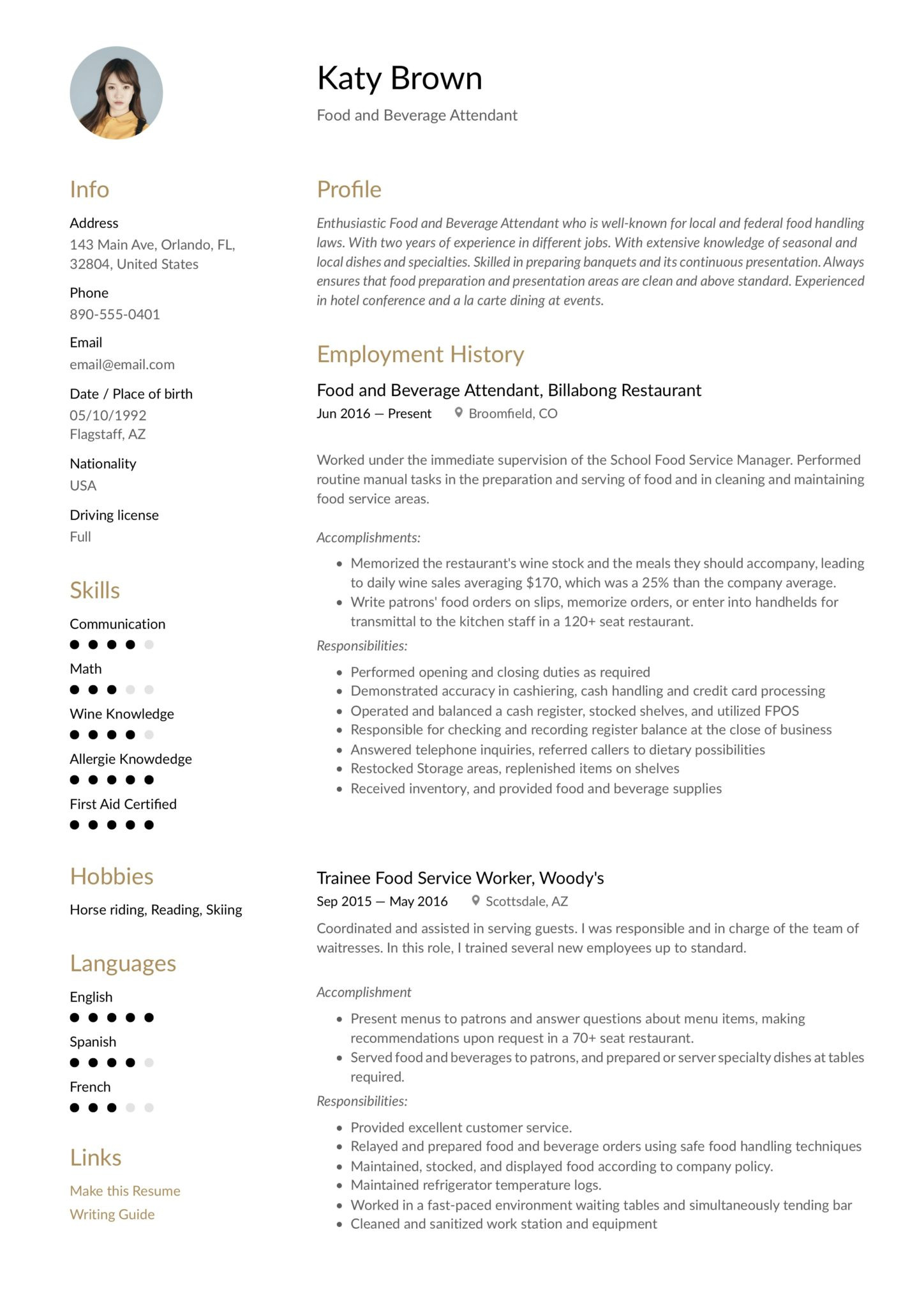 Food and Beverage attendant Resume Sample What Does A Food and Beverage attendant Do