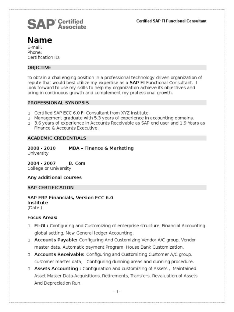 Functional Resume Sample for Fresh Graduate Sample Fresher Resume Of Sap Fi Certified Pdf Sap Se Banks