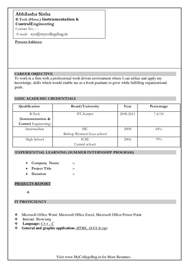 Give Me A Sample Resume format Freshers Instrumentation Control Freshers Resume format Sample