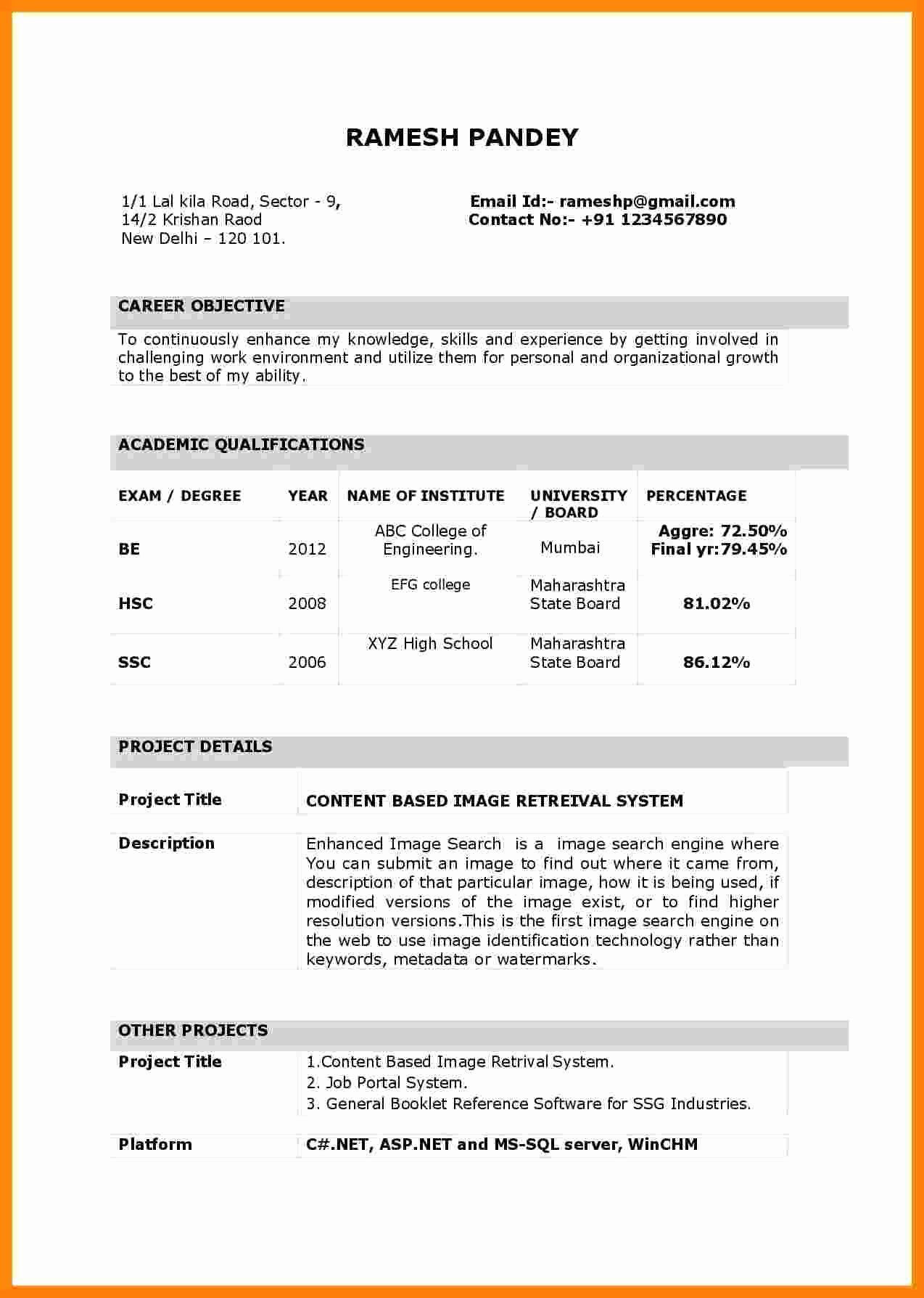 Give Me A Sample Resume format Freshers Resume format for Freshers Best Of 10 Cv Sample for Fresher …