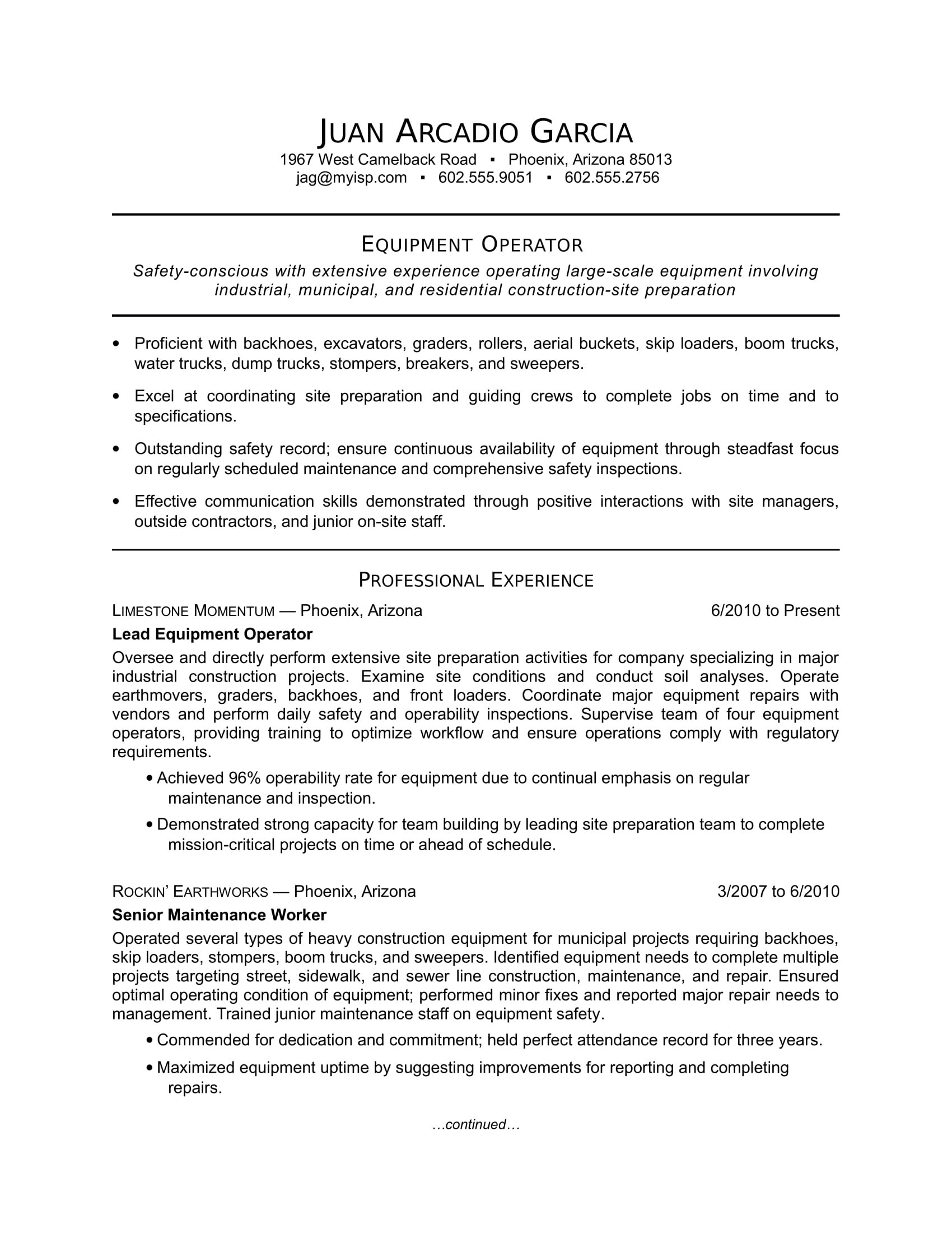 Machine Operator Job Description Sample Resume Equipment Operator Resume Sample Monster.com