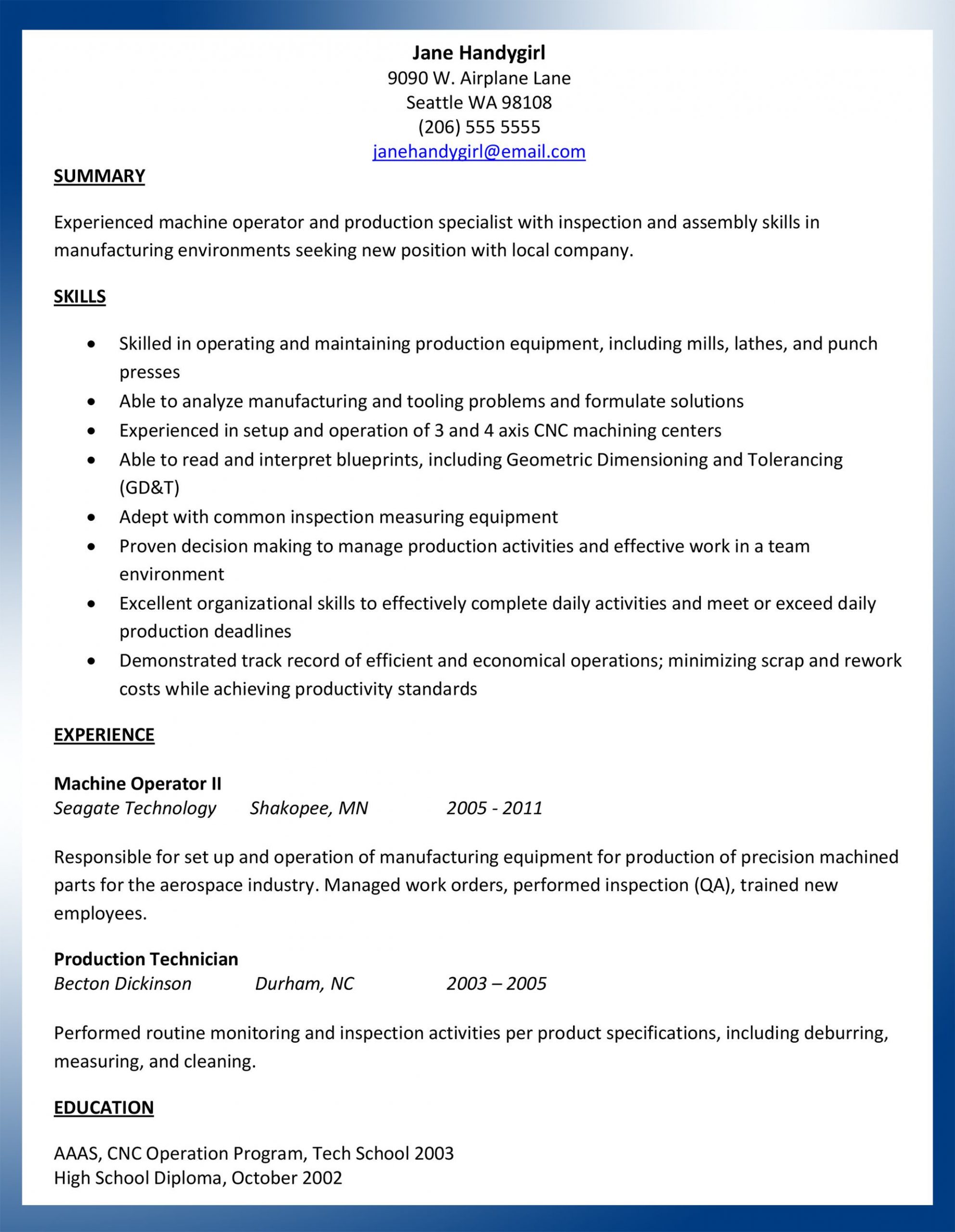 Machine Operator Job Description Sample Resume Resume Writing Basic Resume, Resume, Acting Resume Template