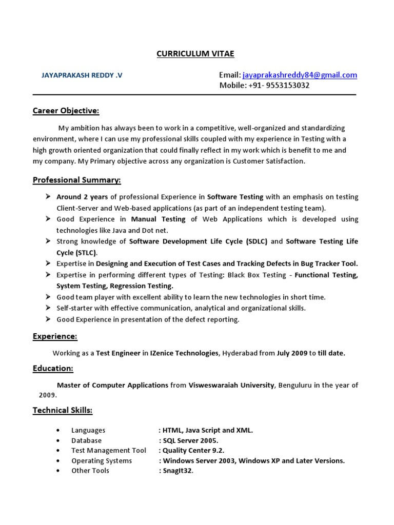 Manual Testing Sample Resume for 2 Years Experience Jayaprakash Resume 2years Exp Manual Testing Pdf software …