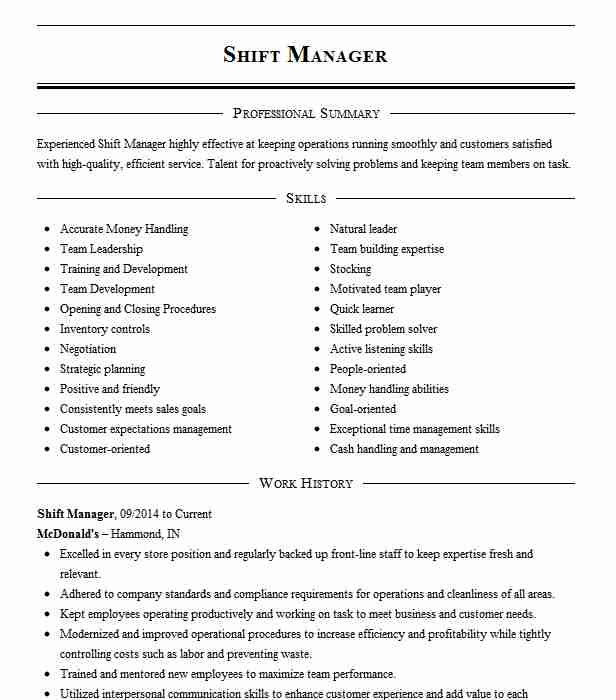 Mcdonald S Shift Manager Resume Sample Mcdonald S Shift Manager Resume Example Mcdonald S