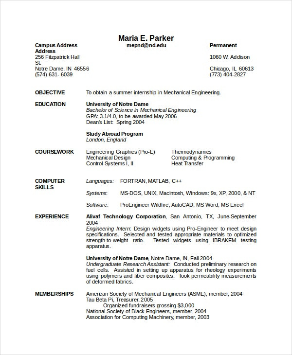 Mechanical Engineering Resume Sample for Freshers 10 Mechanical Engineering Resume Templates Pdf Doc