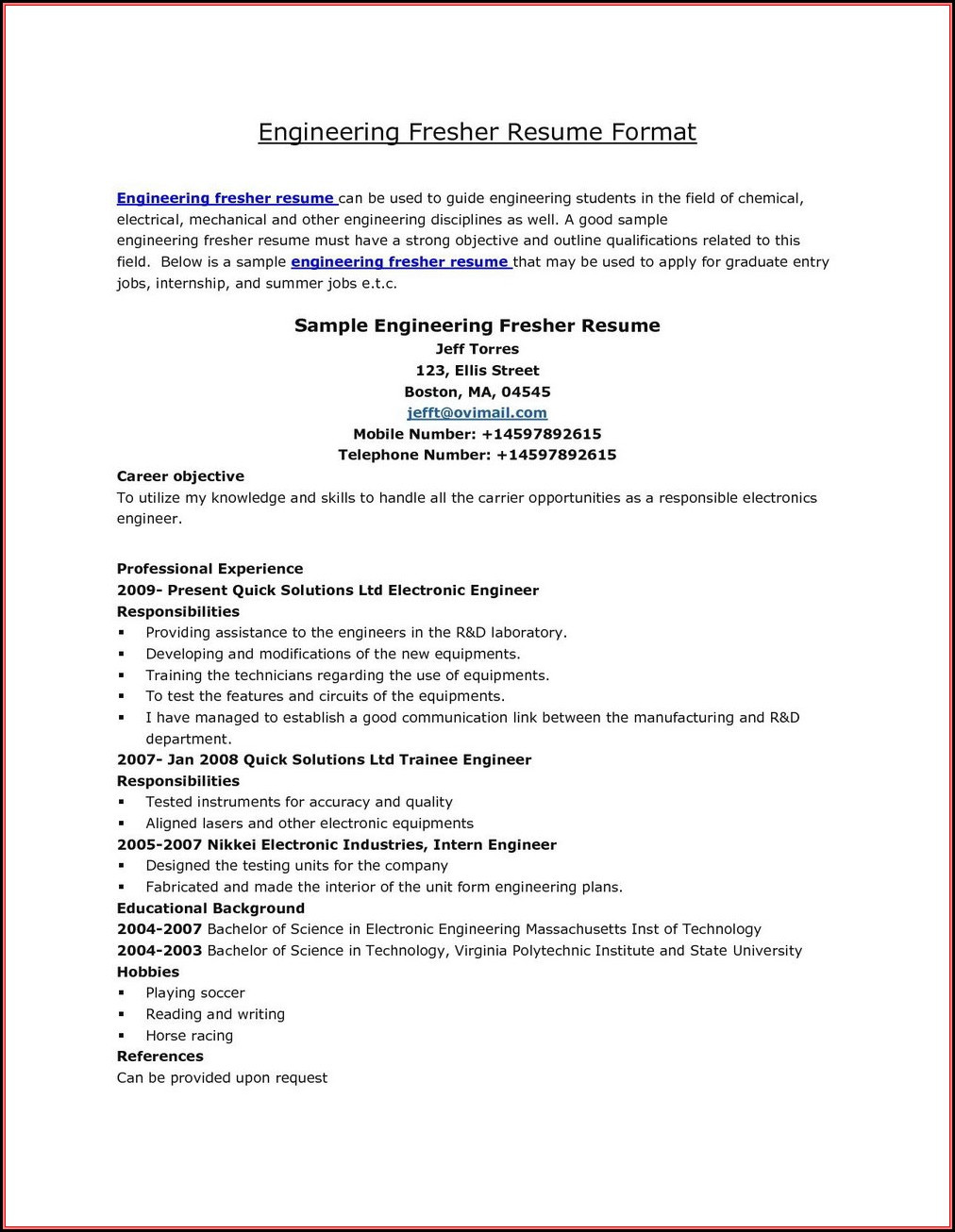 Mechanical Engineering Sample Resume for Freshers Resume Fresher Mechanical Engineers Resume Resume