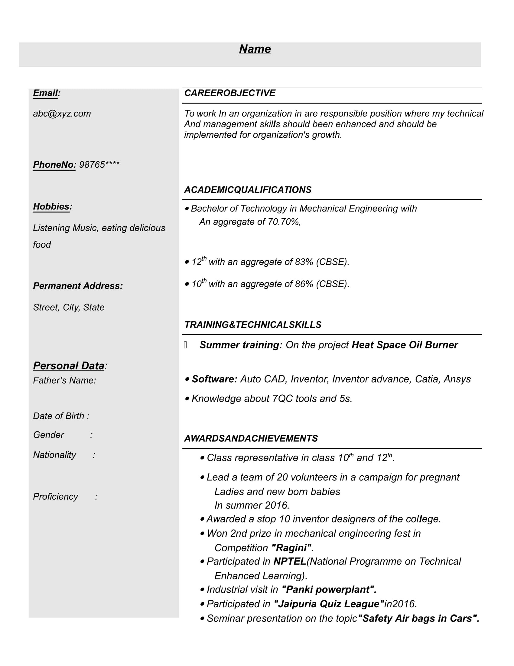 Mechanical Engineering Sample Resume for Freshers Resume Templates for Mechanical Engineer Freshers