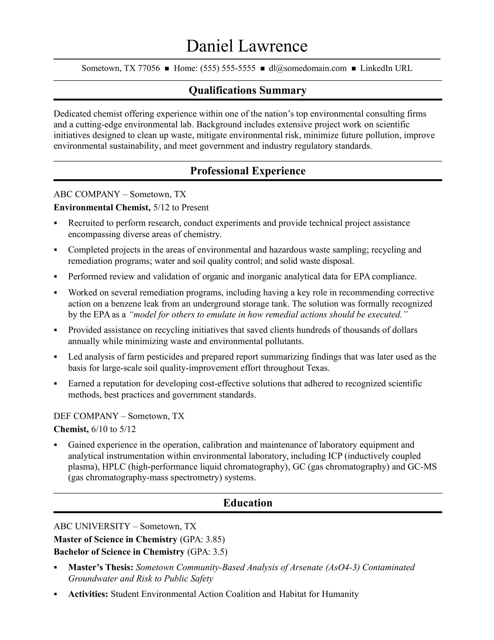 Msc Analytical Chemistry Fresher Resume Sample Analytical Chemist Resume format October 2021