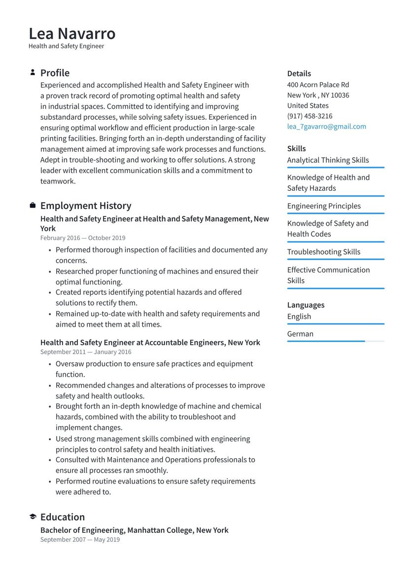 Safety and Occupational Health Specialist Sample Resume Health and Safety Engineer Resume Examples & Writing Tips 2021 (free