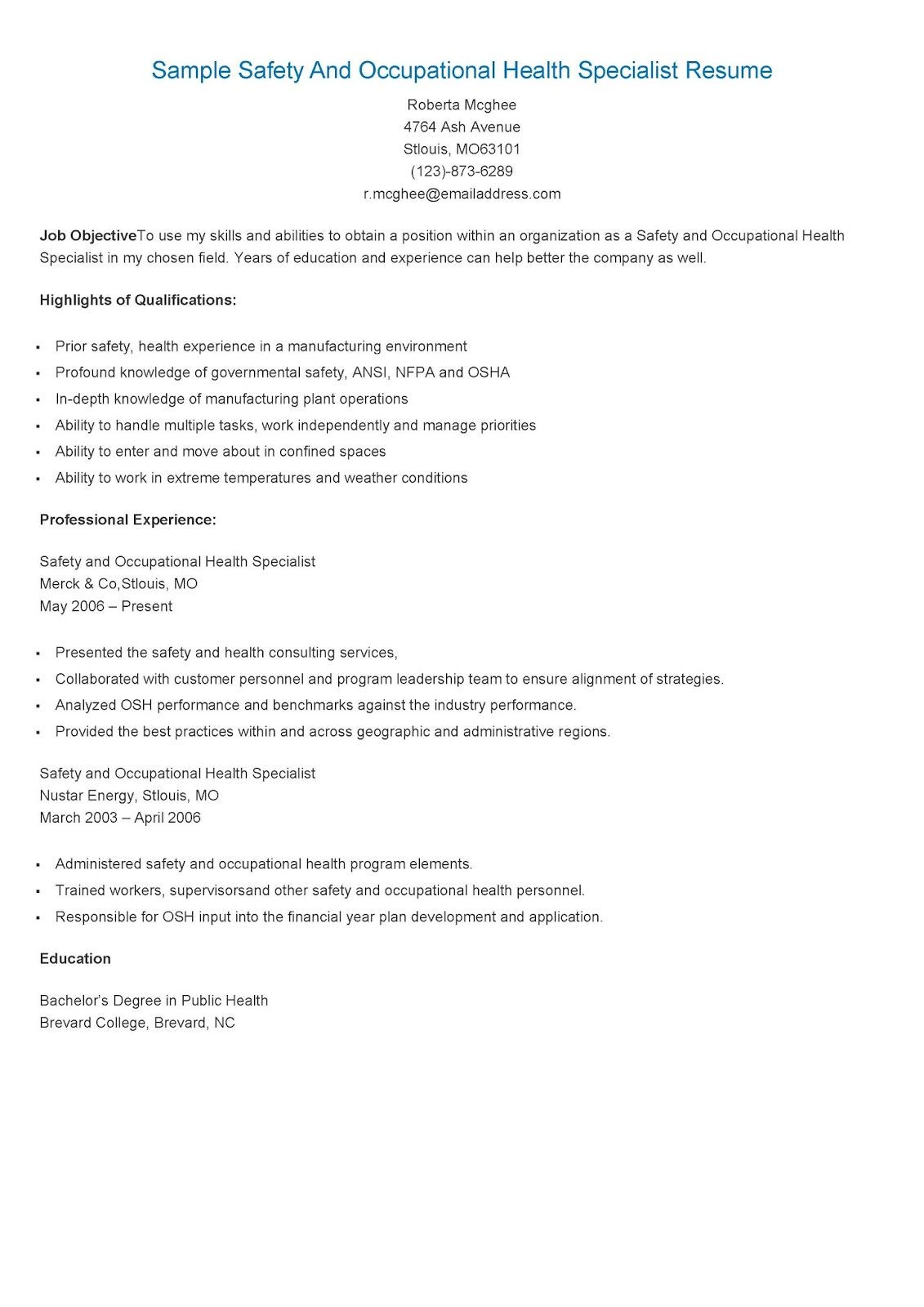 Safety and Occupational Health Specialist Sample Resume Sample Safety and Occupational Health Specialist Resume Sample …
