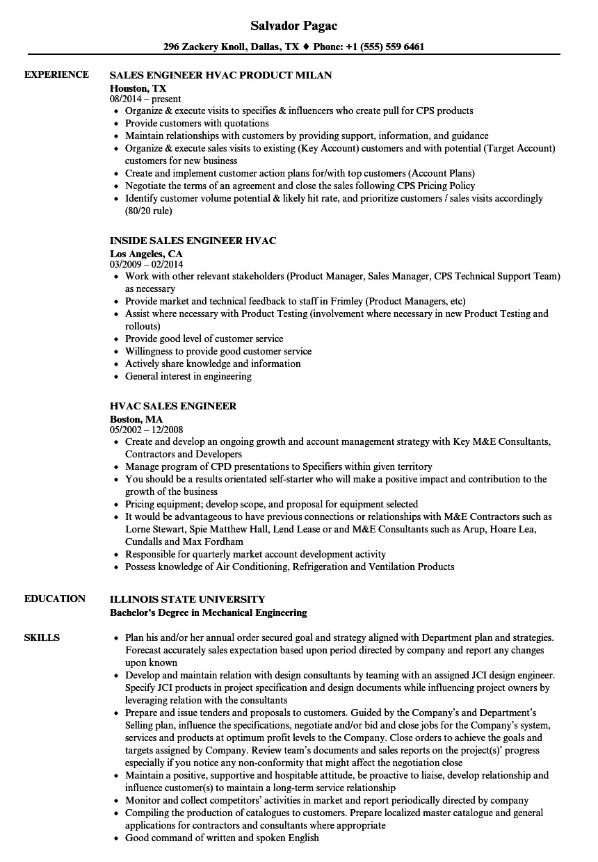 Sales and Service Engineer Resume Sample Hvac Sales Engineer Resume Samples