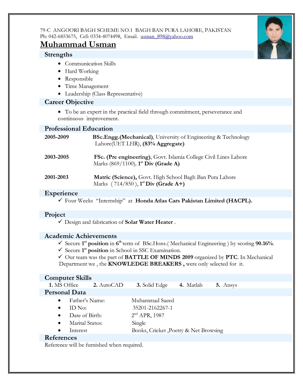 Sample Mechanical Engineering Resume for Freshers Cv format for Engineers