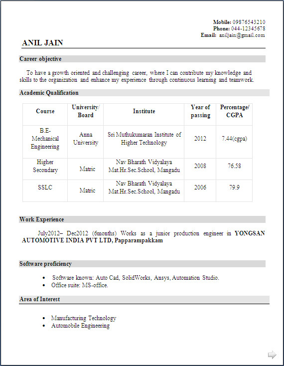 Sample Mechanical Engineering Resume for Freshers Mechanical Engineer Resume for Fresher Resume formats