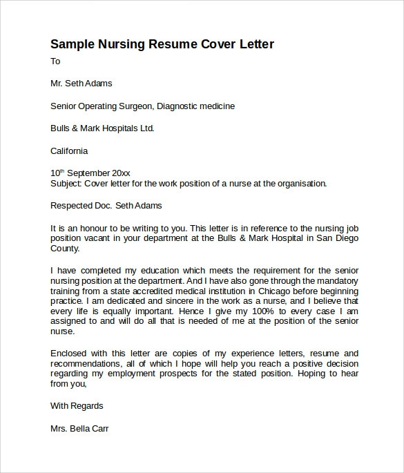 Sample Nursing Resumes and Cover Letters 8 Nursing Cover Letter Templates to Download
