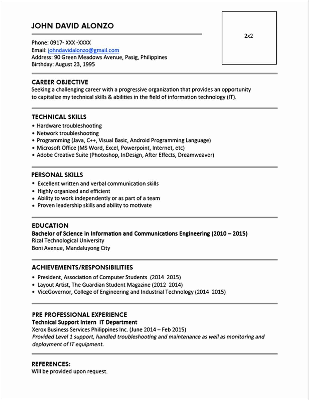 Sample Of Resume with 2×2 Picture Amerose Garzon (ameroseg) – Profile Pinterest