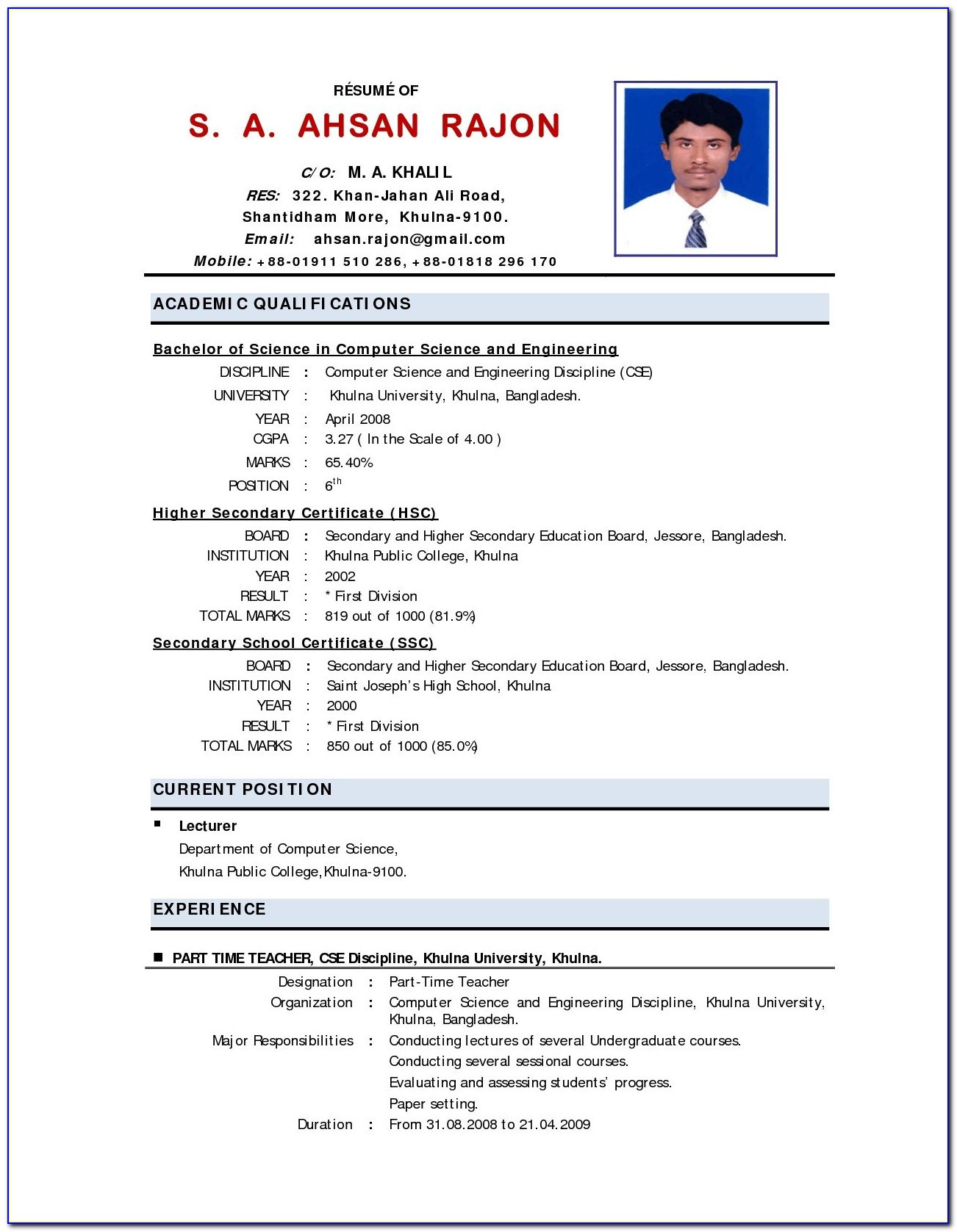 Sample Of Resume with 2×2 Picture Resume format for Teaching Post – Lets Face the Music and Resume …
