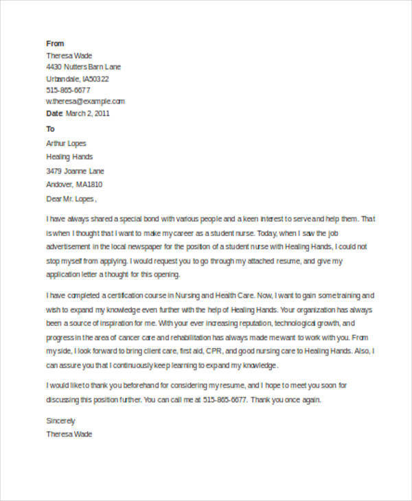 Sample Resume Cover Letter for Nursing Student Free 6 Nursing Student Cover Letter Templates In Ms Word