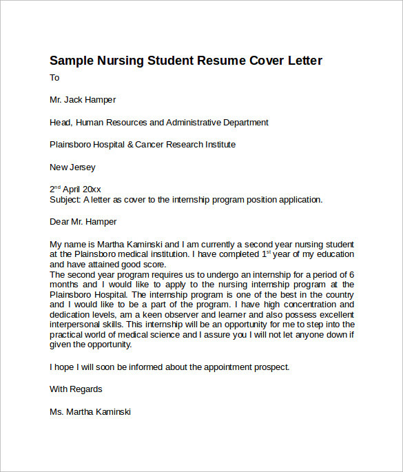 Sample Resume Cover Letter for Nursing Student Free 7 Sample Nursing Cover Letter Templates In Pdf