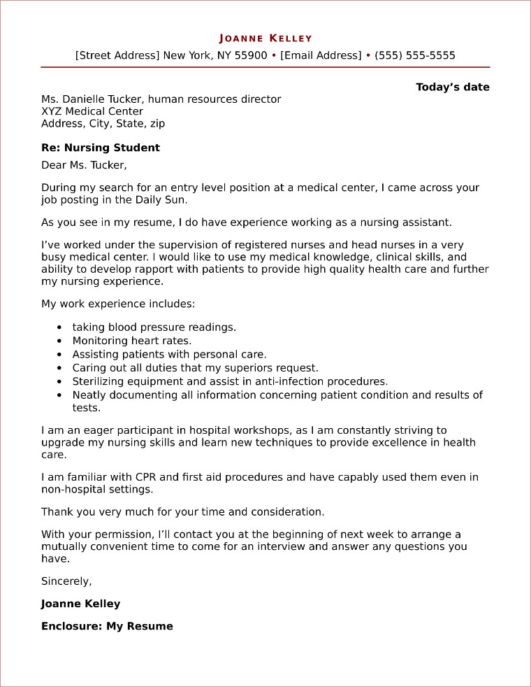 Sample Resume Cover Letter for Nursing Student Nursing Student Cover Letter Sample