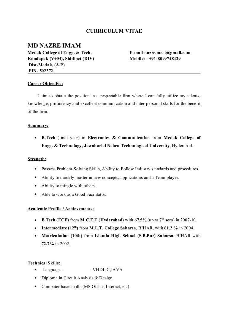 Sample Resume for B Tech Final Year Student Sample Of Resume….