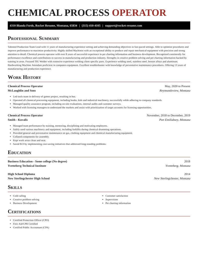 Sample Resume for Chemical Plant Operator Chemical Process Operator Resume Builder & Example Rocket Resume