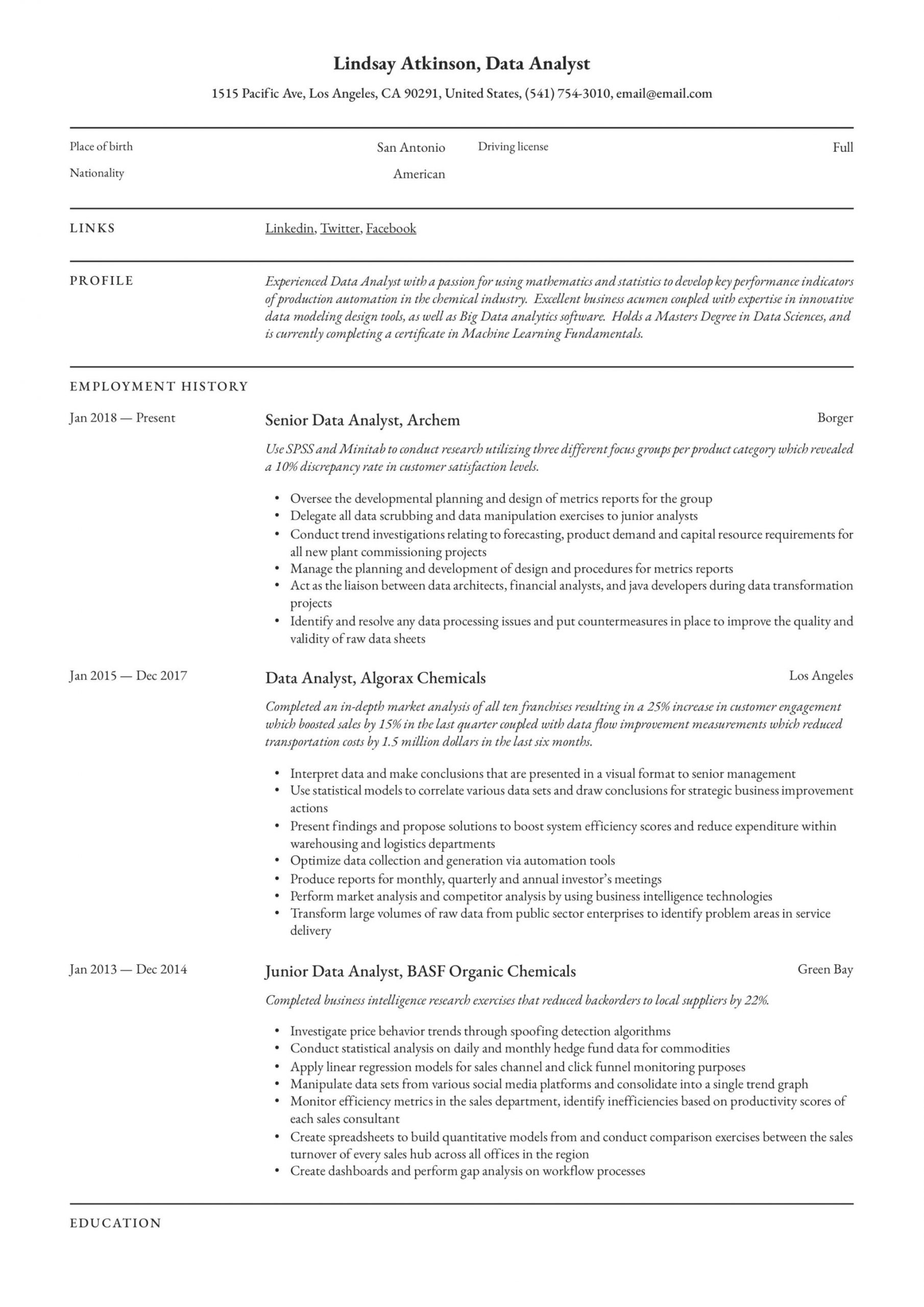 Sample Resume for Data Warehouse Analyst Big Data Analyst (m/f) (data- Warehouse-analyst/in