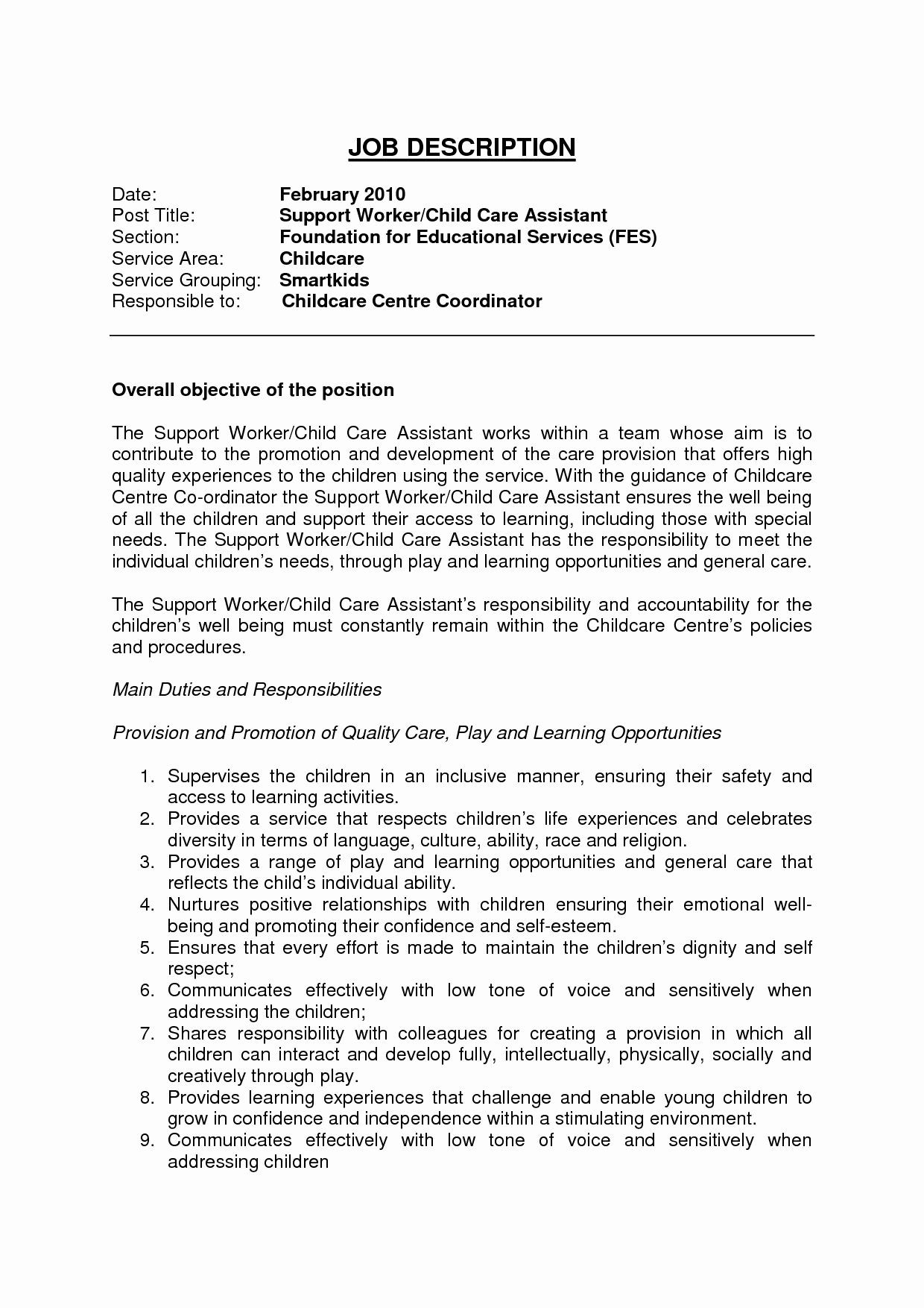 Sample Resume for Daycare assistant Teacher Child Care Resume Duties Awesome Child Care Provider Job …