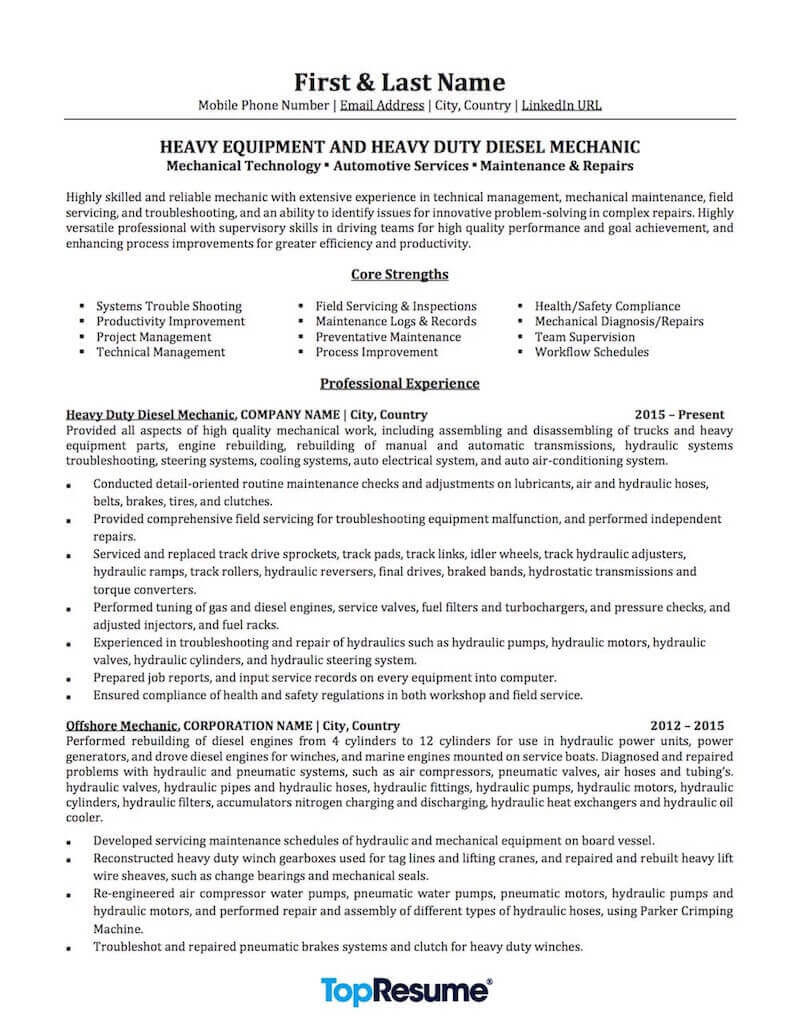 Sample Resume for Diesel Truck Mechanic Heavy Equipment Mechanic (service Technician Iv)