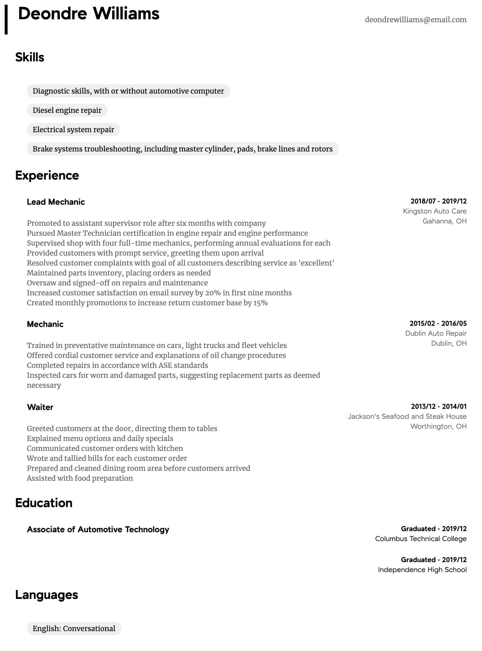 Sample Resume for Diesel Truck Mechanic Mechanic Resume Samples All Experience Levels Resume.com …