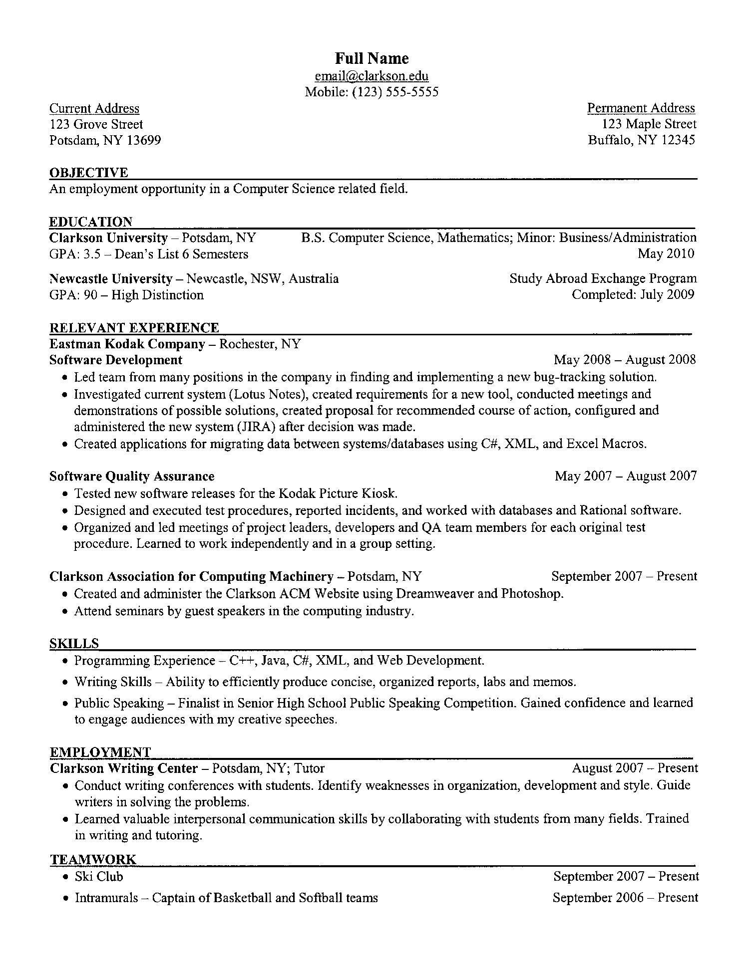 Sample Resume for Diploma In Computer Science Examples Of A Resume Clarkson University Senior Computer Science …