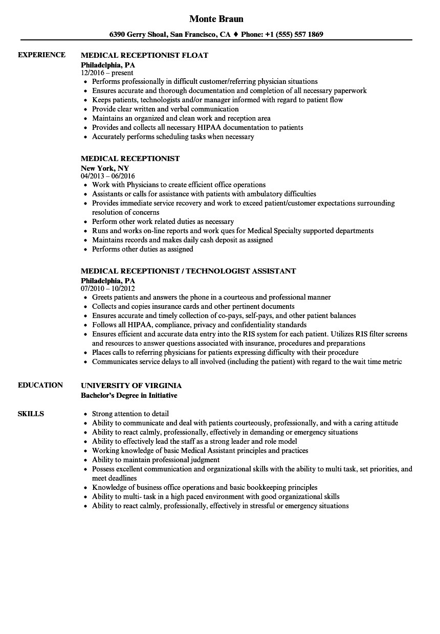 Sample Resume for Doctors Office Receptionist Medical Receptionist Resume