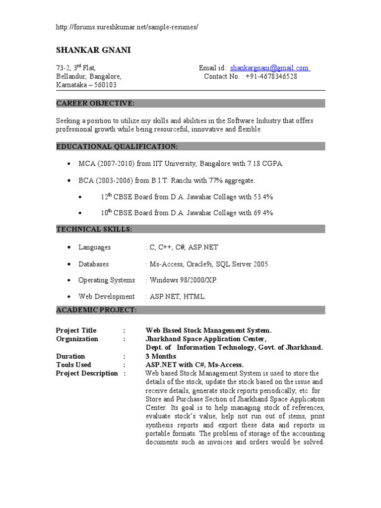 Sample Resume for Dot Net Programmer Fresher Dot Net Fresher Resume format4