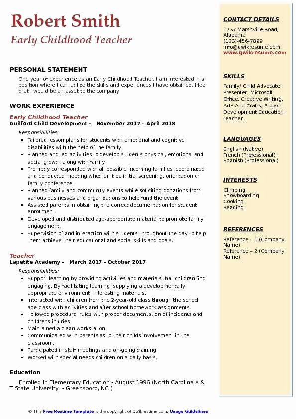Sample Resume for Early Childhood Educator Job Early Childhood Education Resume Awesome Early Childhood
